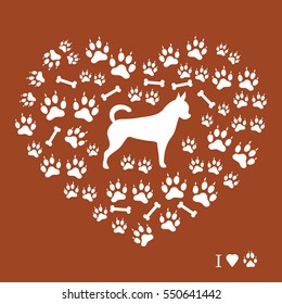 Nice picture of chihuahua silhouette on a background of dog track in the form of heart on a colored background.