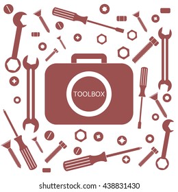 Nice picture of a colored bag with a variety of tools for quick repairs on a white background