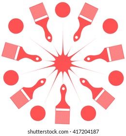 Nice picture of a colored paint brushes and paint spots arranged in a circle on a white background