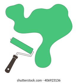 Nice picture of a colored roller for paint and a big splodge of paint on a white background