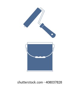 Nice picture of  colored roller for paint and  paint bucket on a white background
