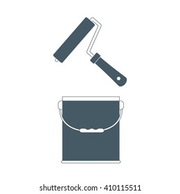 Nice picture of  colored roller for paint and  paint bucket on a white background