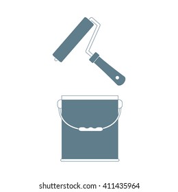 Nice picture of  colored roller for paint and  paint bucket on a white background