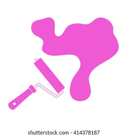 Nice picture of a colored roller for paint and a big splodge of paint on a white background