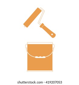 Nice picture of  colored roller for paint and  paint bucket on a white background