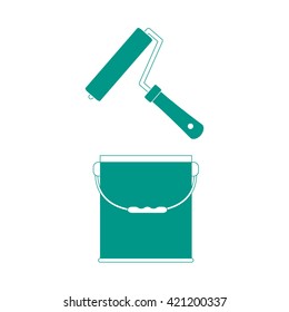 Nice picture of  colored roller for paint and  paint bucket on a white background