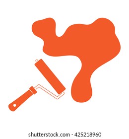 Nice picture of a colored roller for paint and a big splodge of paint on a white background