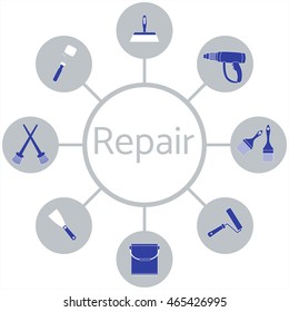 Nice picture of a colored scheme with different tools for the preparation and staining of surfaces on a white background 