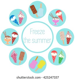 Nice picture of a colored scheme with various kinds of delicious ice cream and inscription on a white background 