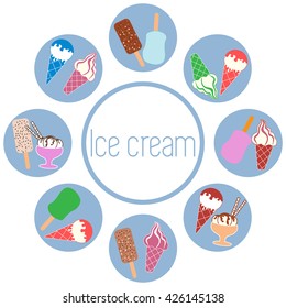 Nice picture of a colored scheme with various kinds of delicious ice cream and inscription on a white background 