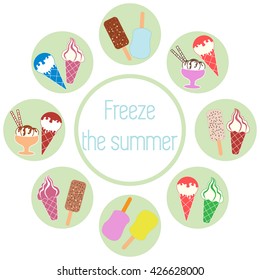 Nice picture of a colored scheme with various kinds of delicious ice cream and inscription on a white background 