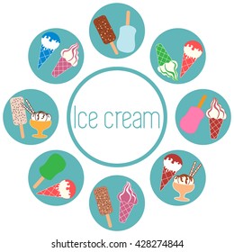 Nice picture of a colored scheme with various kinds of delicious ice cream and inscription on a white background 