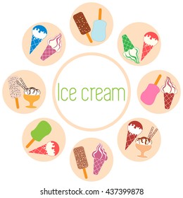Nice picture of a colored scheme with various kinds of delicious ice cream and inscription on a white background 
