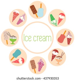 Nice picture of a colored scheme with various kinds of delicious ice cream and inscription on a white background 