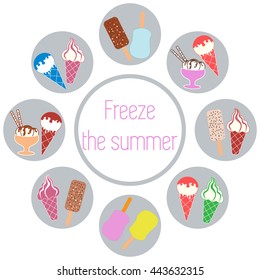 Nice picture of a colored scheme with various kinds of delicious ice cream and inscription on a white background 