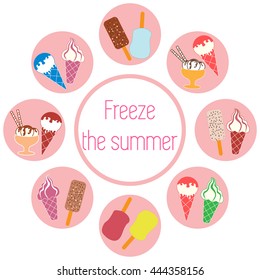 Nice picture of a colored scheme with various kinds of delicious ice cream and inscription on a white background 