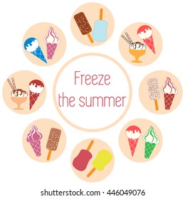 Nice picture of a colored scheme with various kinds of delicious ice cream and inscription on a white background 