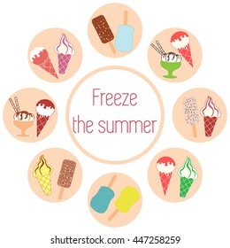 Nice picture of a colored scheme with various kinds of delicious ice cream and inscription on a white background 