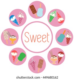 Nice picture of a colored scheme with various kinds of delicious ice cream and inscription on a white background 