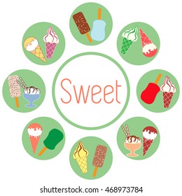 Nice picture of a colored scheme with various kinds of delicious ice cream and inscription on a white background 