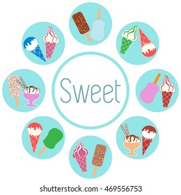 Nice picture of a colored scheme with various kinds of delicious ice cream and inscription on a white background 