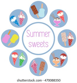 Nice picture of a colored scheme with various kinds of delicious ice cream and inscription on a white background 