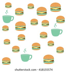 Nice picture with colorful cups and hamburgers on white background