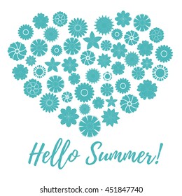 Nice picture of colorful flowers laid out in the shape of a heart and the words: hello summer on a white background