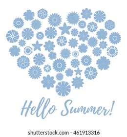 Nice picture of colorful flowers laid out in the shape of a heart and the words: hello summer on a white background