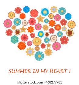 Nice picture of colorful flowers laid out in the shape of a heart and the words: Summer in my heart on a white background