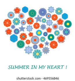 Nice picture of colorful flowers laid out in the shape of a heart and the words: Summer in my heart on a white background