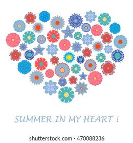 Nice picture of colorful flowers laid out in the shape of a heart and the words: Summer in my heart on a white background