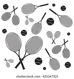 Nice picture of colorful rackets and balls for tennis lessons on a white background