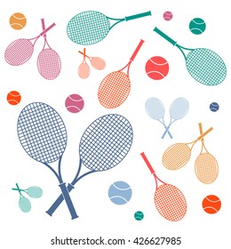 Nice picture of colorful rackets and balls for tennis lessons on a white background