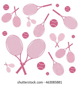 Nice picture of colorful rackets and balls for tennis lessons on a white background