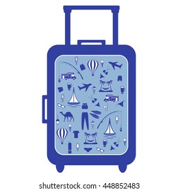Nice picture of colorful suitcase with different pictures on the theme of leisure on a white background