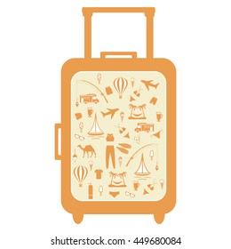 Nice picture of colorful suitcase with different pictures on the theme of leisure on a white background