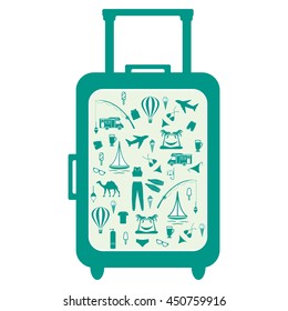 Nice picture of colorful suitcase with different pictures on the theme of leisure on a white background