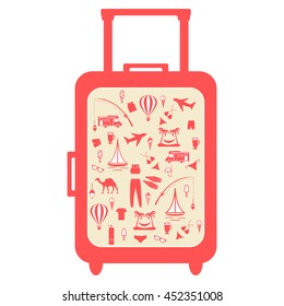 Nice picture of colorful suitcase with different pictures on the theme of leisure on a white background