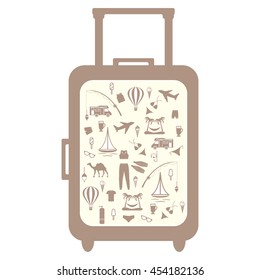 Nice picture of colorful suitcase with different pictures on the theme of leisure on a white background