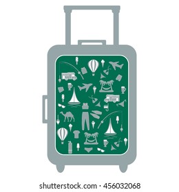 Nice picture of colorful suitcase with different pictures on the theme of leisure on a white background