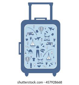 Nice picture of colorful suitcase with different pictures on the theme of leisure on a white background