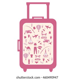 Nice picture of colorful suitcase with different pictures on the theme of leisure on a white background