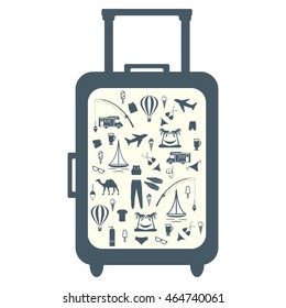Nice picture of colorful suitcase with different pictures on the theme of leisure on a white background