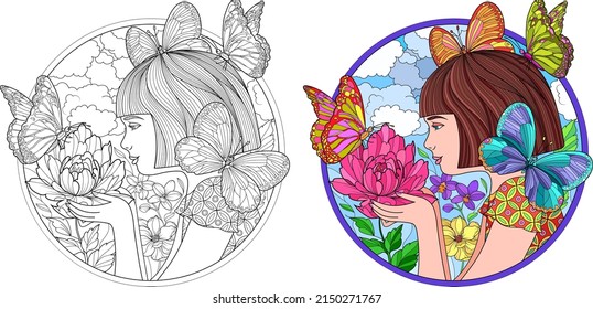 Bonita imagen para colorear. La chica mira la flor, está rodeada de mariposas. Imagen en línea y opción de color.