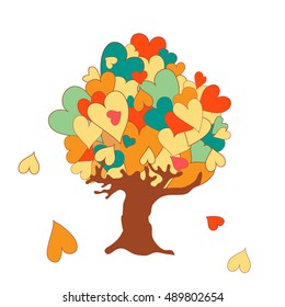 Nice picture with creative tree with colorful leaves-hearts on white background