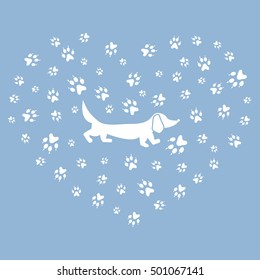 Nice picture of dachshund silhouette on a background of dog tracks in the form of heart on a colored background. 