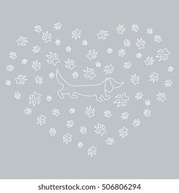 Nice picture of dachshund silhouette on a background of dog tracks in the form of heart on a colored background. 