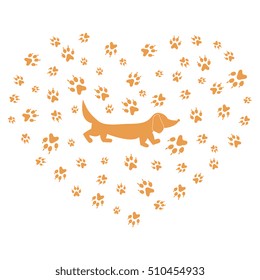 Nice picture of dachshund silhouette on a background of dog tracks in the form of heart on a white background.
