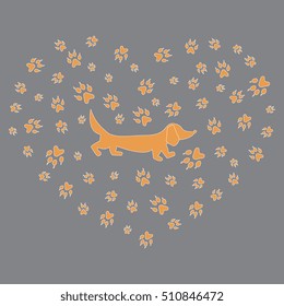 Nice picture of dachshund silhouette on a background of dog tracks in the form of heart on a colored background. 
